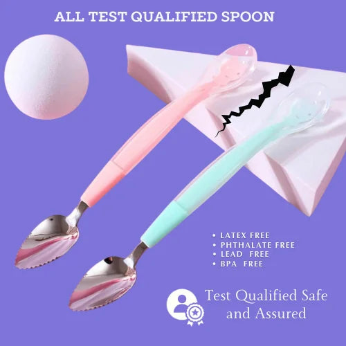 2 In 1 Silicone Baby Soft Tip Spoon & Stainless Steel Fruit Scraper Spoon For Toddler