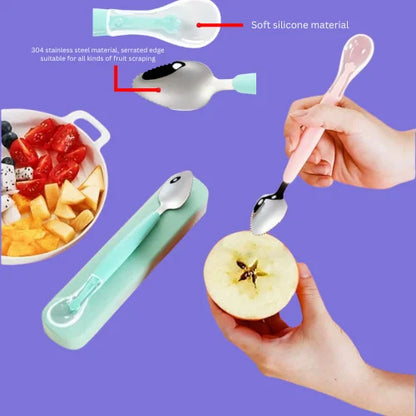 2 In 1 Silicone Baby Soft Tip Spoon & Stainless Steel Fruit Scraper Spoon For Toddler