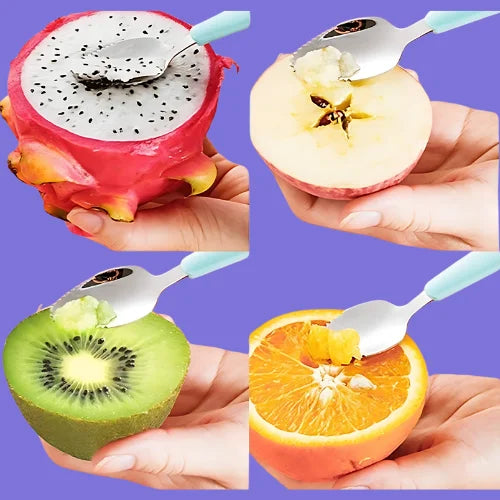 2 In 1 Silicone Baby Soft Tip Spoon & Stainless Steel Fruit Scraper Spoon For Toddler