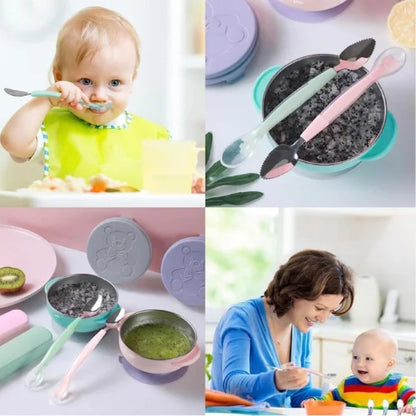 2 In 1 Silicone Baby Soft Tip Spoon & Stainless Steel Fruit Scraper Spoon For Toddler